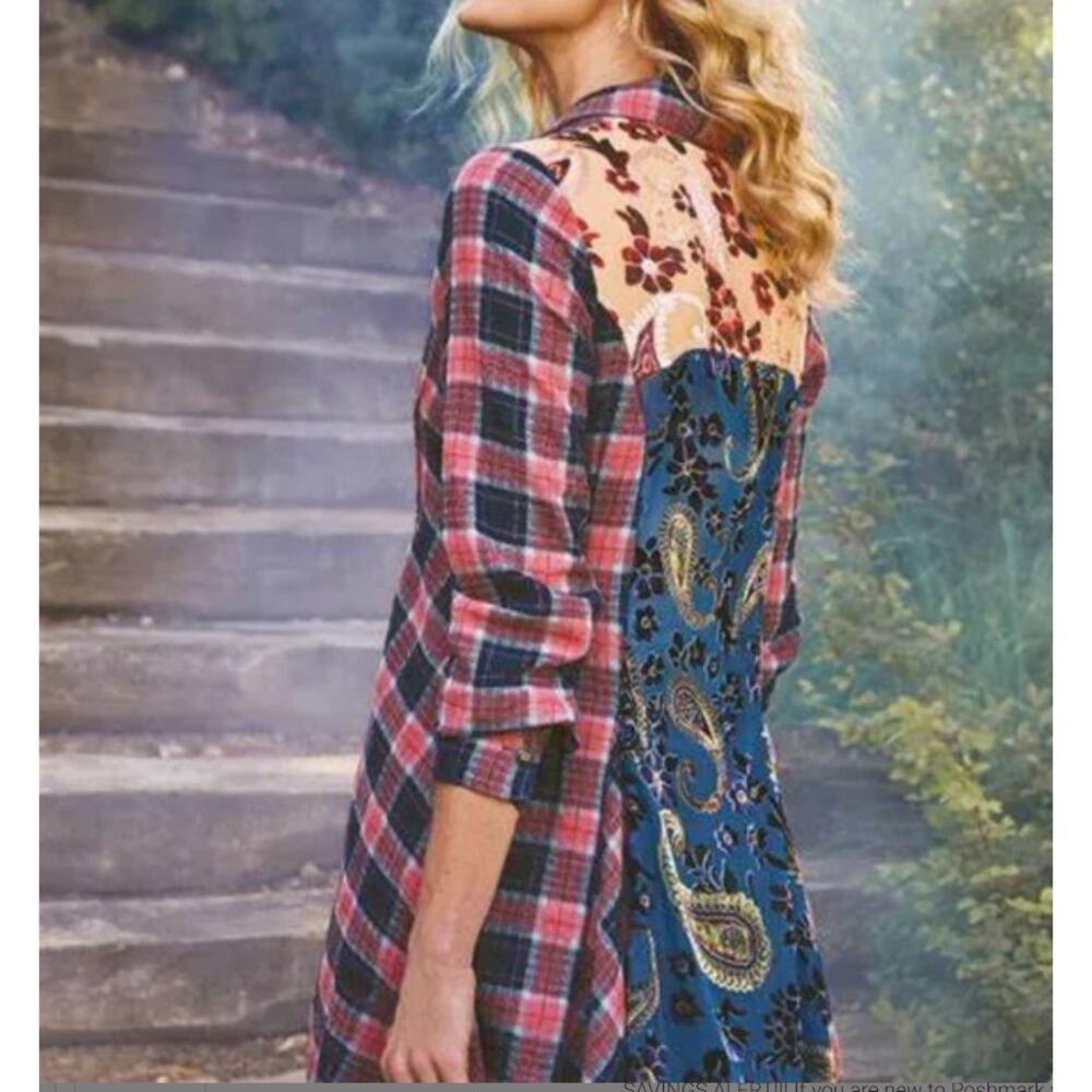 Soft Surroundings Plaid Velvet Paisley Button Down Tunic Long Sleeve Blouse Sz S